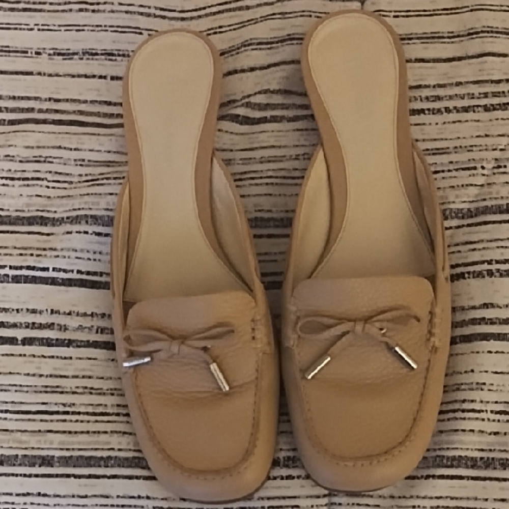 Etienne Aigner Tan Mules with Bow Accent